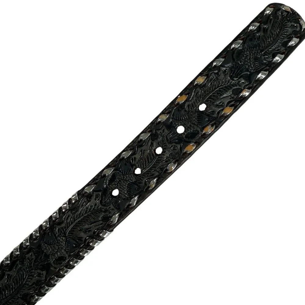 Mallory Leather Tooled Western Black Belt Floral Embossed Texas Women's Size 30